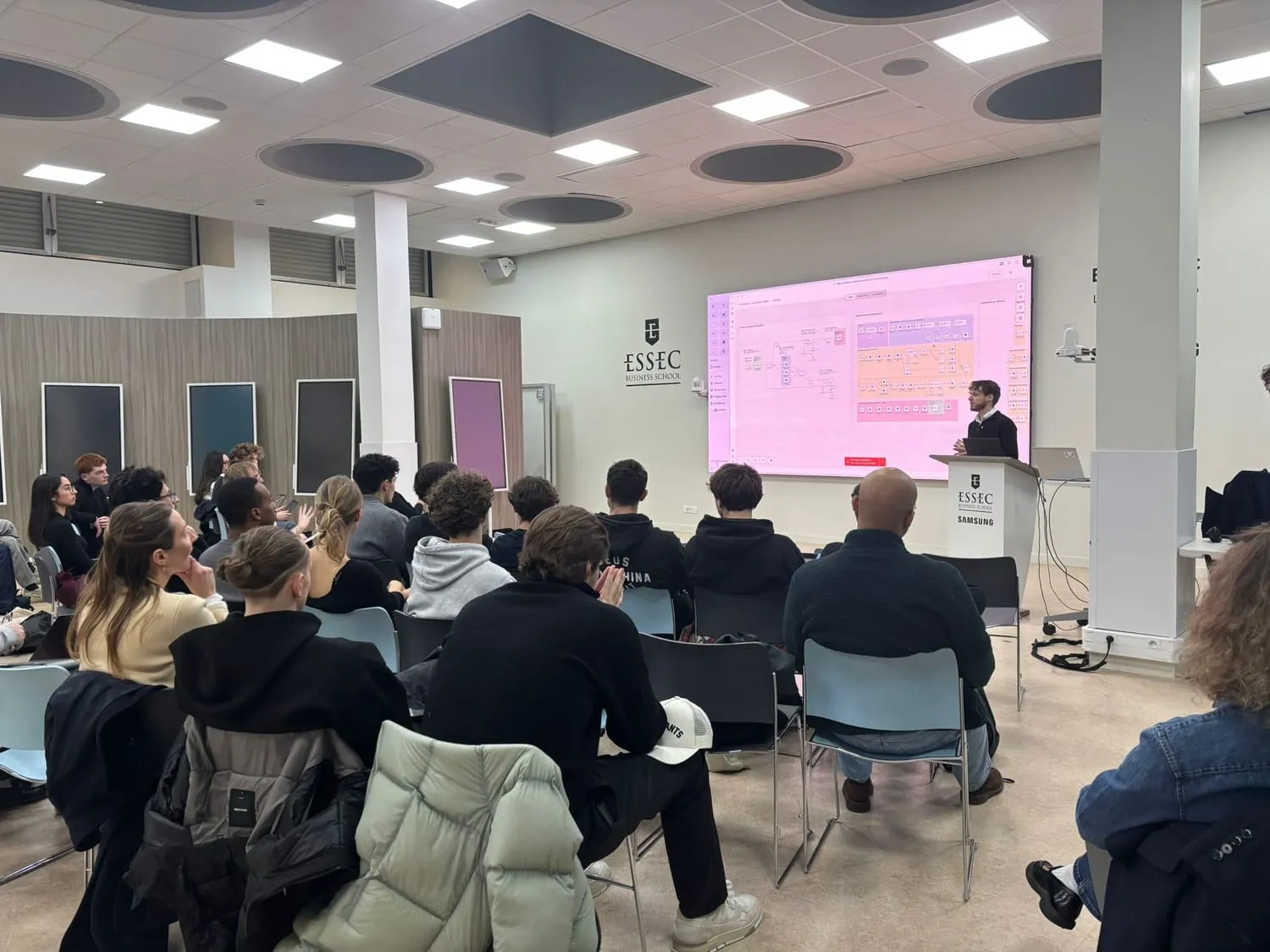 Conférence à l’ESSEC Business School, workflow N8N à l’écran