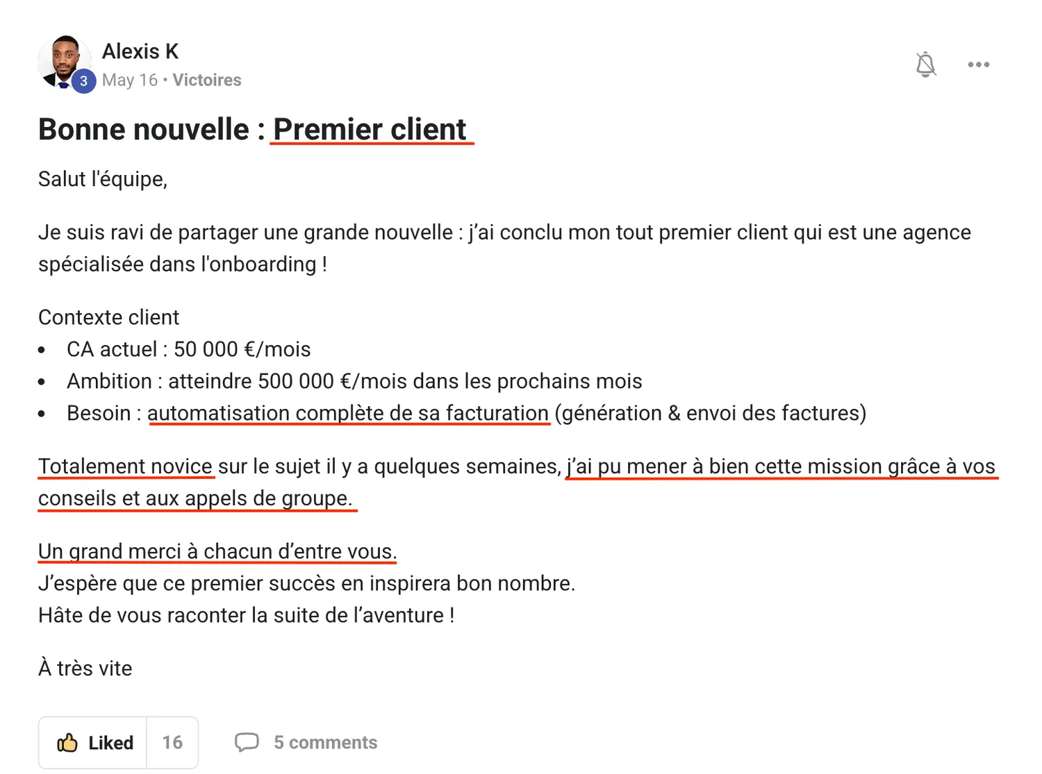 Alexis K — premier client, une agence d’onboarding
